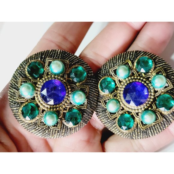 Vintage 80's Fabric Wrapped Jeweled Earrings (A387) - Picture 2 of 3